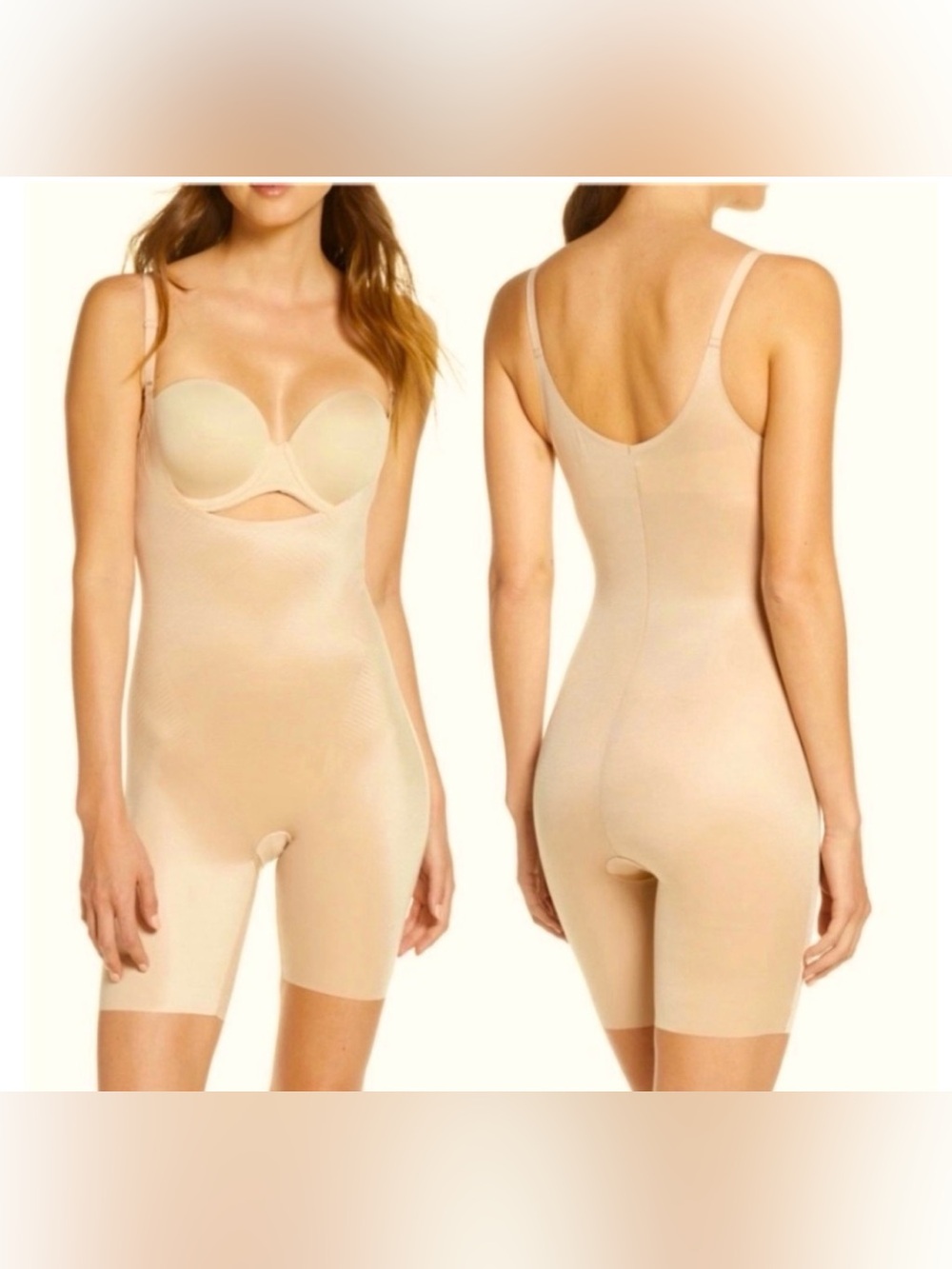 SPANX Thinstincts 2.0 Open Bust Mid-Thigh Shapewear Bodysuit Nude Beige XL